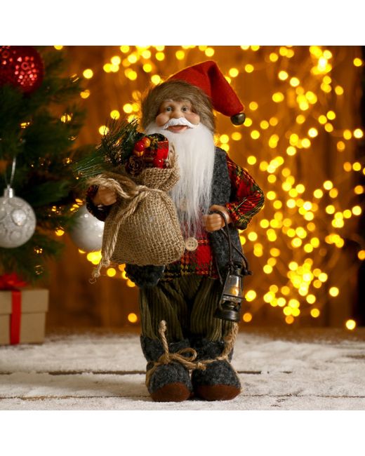 Зимнее Волшебство Дед мороз в клетчатой шубке с фонариком и мешком 30 см