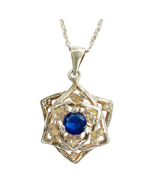 World of Judaica Подвеска многослойный цветок с синим камнем серебристая