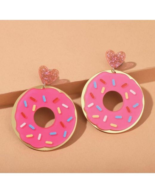 Queen Fair Серьги пластик Вкусняшка пончики с сердечками розовые в серебре