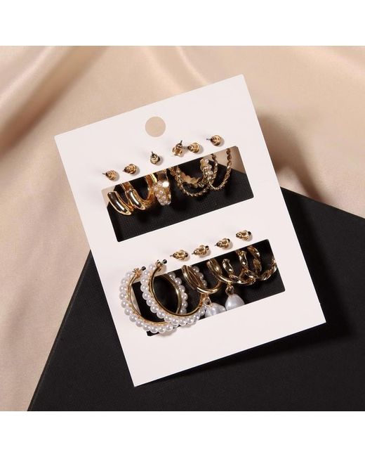 Nobrand Комплект кольца 6 пар Жемчужные с подвесками белые в золоте