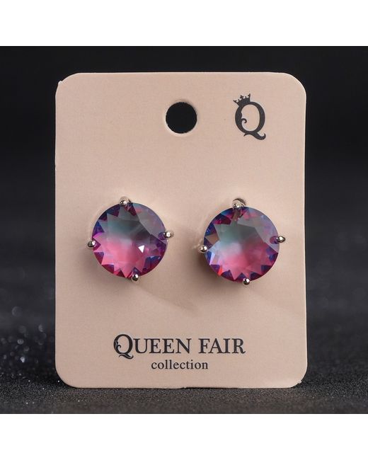 Queen Fair Серьги со стразами Весна круги розово-фиолетовые в серебре