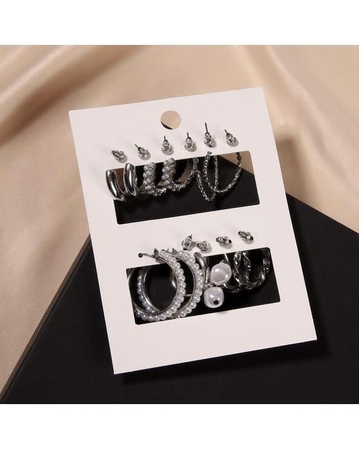 Nobrand Комплект кольца 6 пар Жемчужные с подвесками белые в серебре