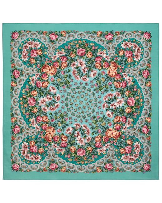Павловопосадский платок Платок 1С125-4ПН бирюзовый/розовый/зеленый 125х125 см