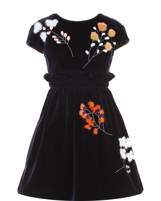 Fendi Бархатное мини-платье с меховой отделкой и завышенной талией
