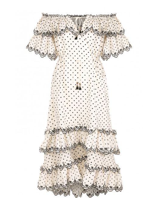Zimmermann Льняное платье-макси с открытыми плечами и оборками