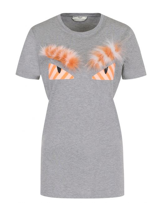 Fendi Хлопковая футболка с принтом и отделкой из меха лисы