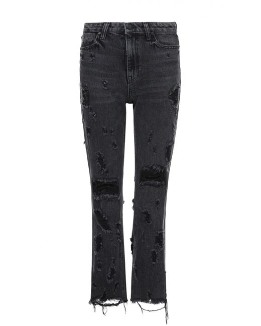 DENIM x ALEXANDER WANG Укороченные расклешенные джинсы с потертостями и бахромой