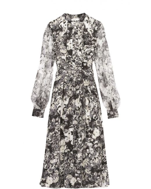 Lanvin Шелковое платье-рубашка с поясом и цветочным принтом