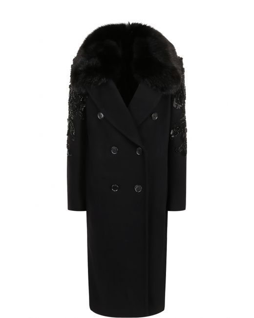 Elie Saab Двубортное пальто с отделкой из меха лисы и вышивкой