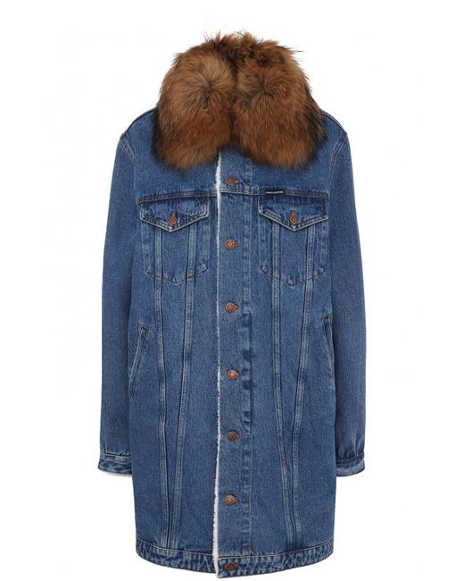 Forte Couture Джинсовое пальто с потертостями и воротником из меха енота