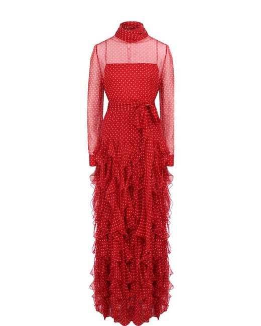 Valentino Шелковое платье-макси с поясом и воротником аскот