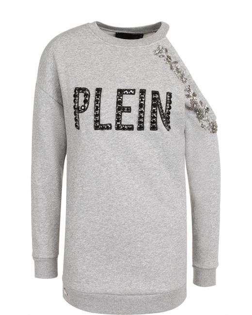 Philipp Plein Хлопковый пуловер с открытым плечом и декоративной отделкой