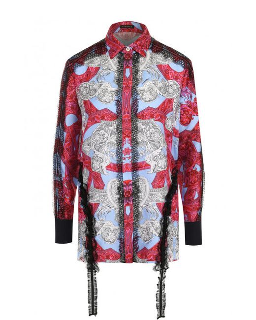 Versace Шелковая блуза с принтом и кружевной отделкой