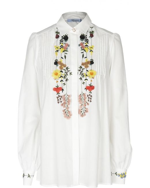 Blumarine Хлопковая блуза с широкими рукавами и декоративной отделкой