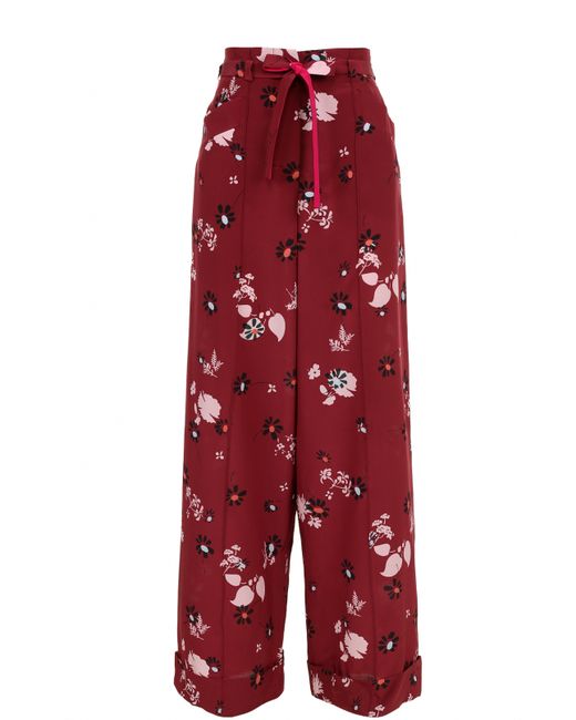 Valentino Шелковые брюки с цветочным принтом и поясом