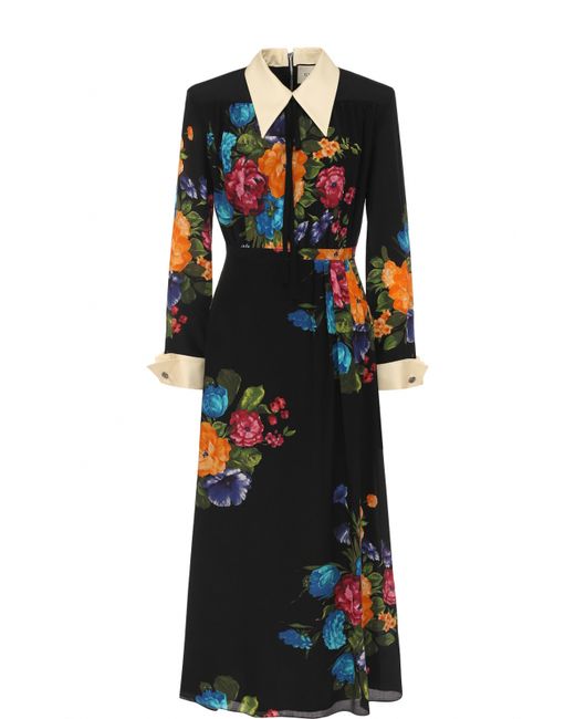 Gucci Шелковое приталенное платье-миди с цветочным принтом