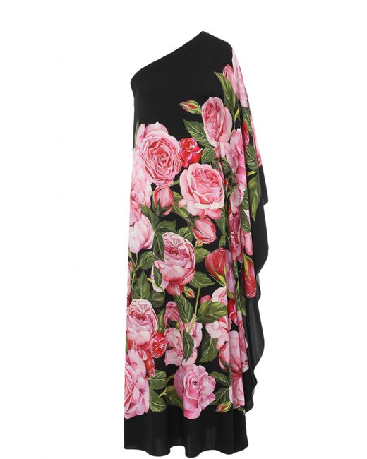 Dolce & Gabbana Шелковое платье с цветочным принтом и открытым плечом