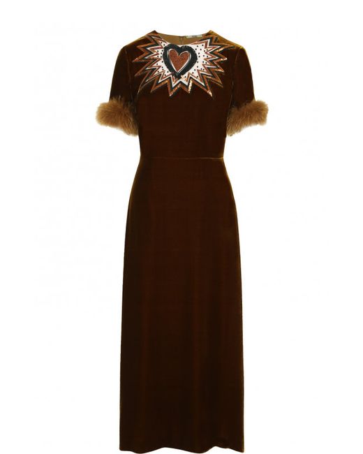 Fendi Приталенное бархатное платье-миди с меховой отделкой