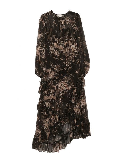 Zimmermann Шелковое платье-миди асимметричного кроя с принтом
