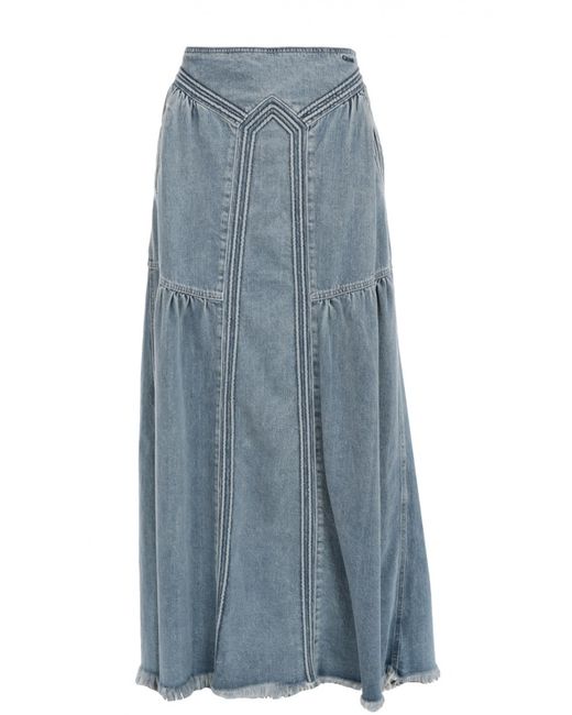 Chloe Джинсовая юбка-макси с карманами и бахромой Chloé