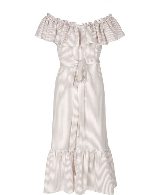 Lisa Marie Fernandez Платье-миди в полоску с открытыми плечами и поясом