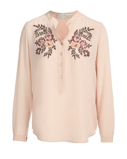 Stella Mccartney Шелковая блуза с воротником-стойкой и цветочной вышивкой