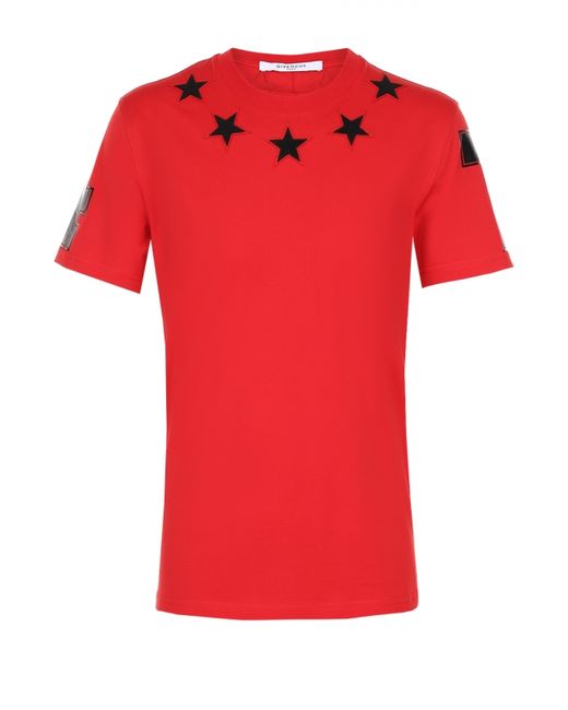 Givenchy Хлопковая футболка с контрастными нашивками в виде звезд и принтом на