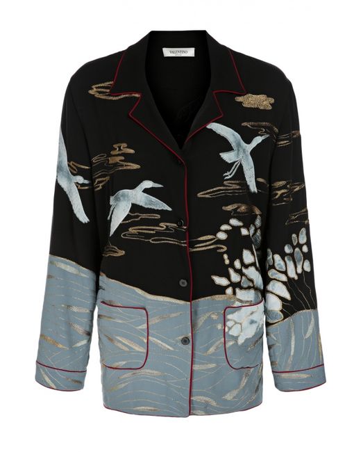 Valentino Шелковая блуза в пижамном стиле с вышивкой