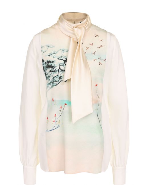 Lanvin Шелковая блуза с принтом и воротником аскот