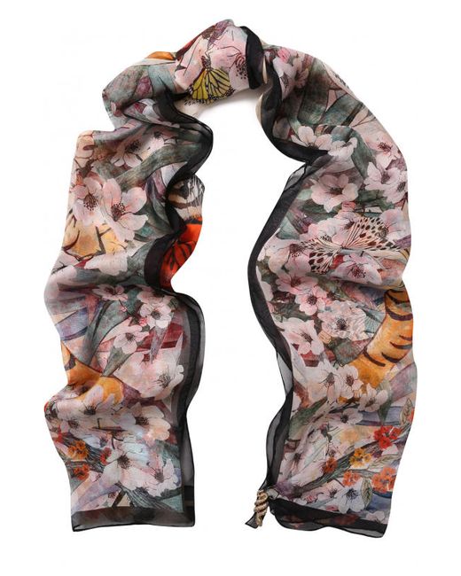 Roberto Cavalli Шелковый шарф с цветочным принтом и брошью