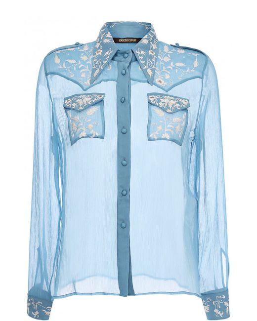 Roberto Cavalli Шелковая прозрачная блуза с вышивкой