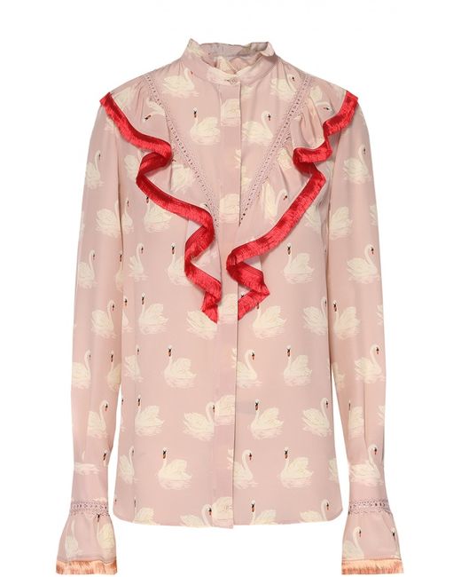 Stella Mccartney Шелковая блуза с контрастной бахромой и принтом в виде лебедей Stella