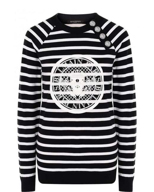 Balmain Хлопковый пуловер в полоску с логотипом бренда