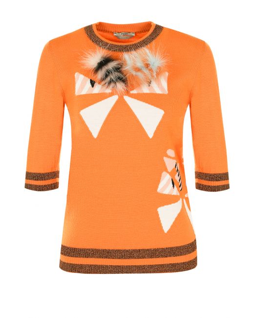 Fendi Шерстяной пуловер с укороченным рукавом и отделкой из меха лисы