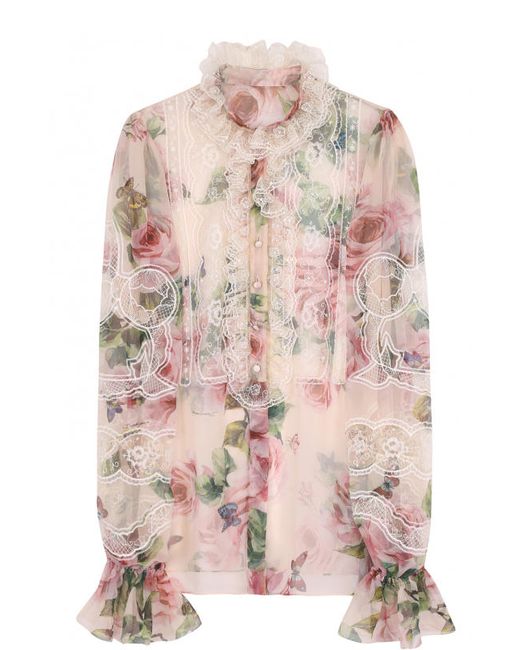 Dolce & Gabbana Шелковая блуза с кружевными вставками и цветочным принтом