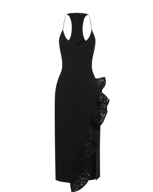 David Koma Приталенное платье-миди с высоким разрезом и кружевной оборкой