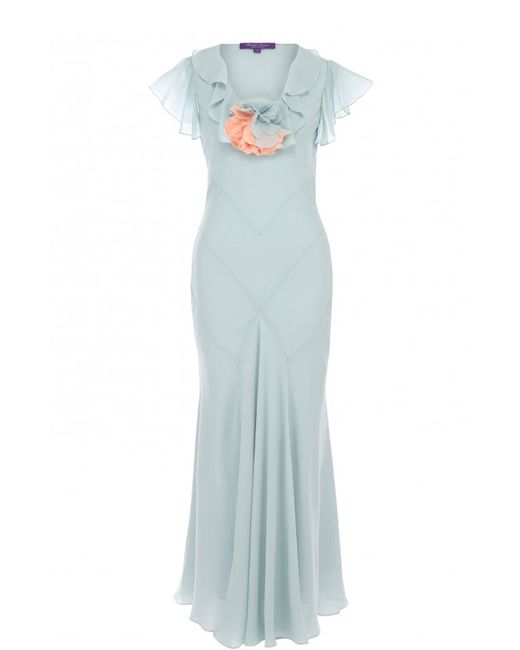 Ralph Lauren Шелковое платье-макси с оборками и декоративной брошью