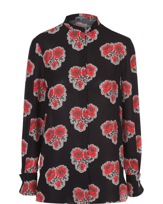 Alexander McQueen Шелковая блуза с воротником-стойкой и цветочным принтом