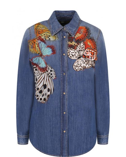 Roberto Cavalli Джинсовая блуза с потертостями и отделкой в виде бабочек