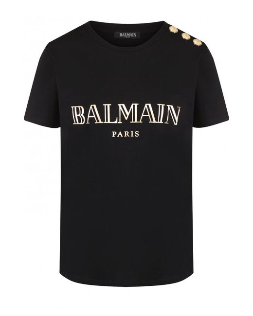 Balmain Хлопковая футболка с логотипом бренда и контрастными пуговицами