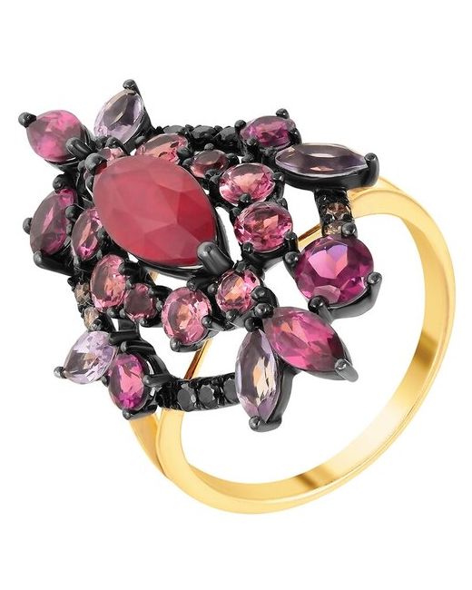 Jv Кольцо из черного золота 585 пробы и розового с рубином облагороженным бриллиантами цветными полудрагоценными камнями R28027-KO-DB-DN-RO-MC-PH размер 17