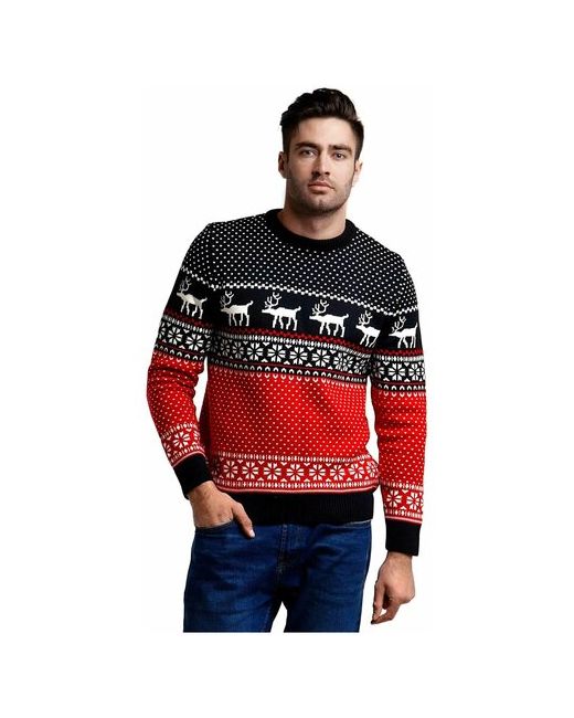 AnyMalls Шерстяной свитер классический скандинавский орнамент с Оленями и снежинками натуральная шерсть красный черный размер XL