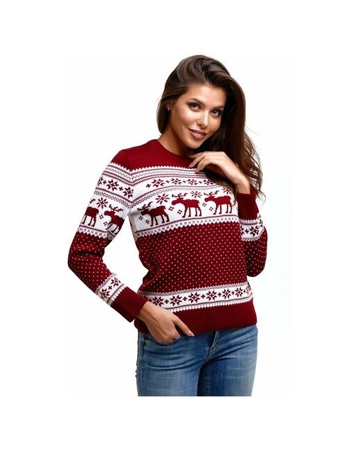 AnyMalls Шерстяной свитер с Оленями скандинавский орнамент натуральная шерсть бордовый размер XS