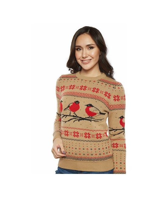 AnyMalls Шерстяной свитер классический скандинавский орнамент с птицами снегирями и снежинками натуральная шерсть размер S