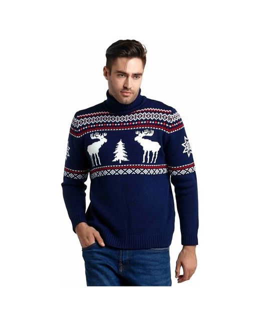 AnyMalls Шерстяной свитер с высоким горлом скандинавский орнамент Оленями натуральная шерсть индиго цвет размер XL