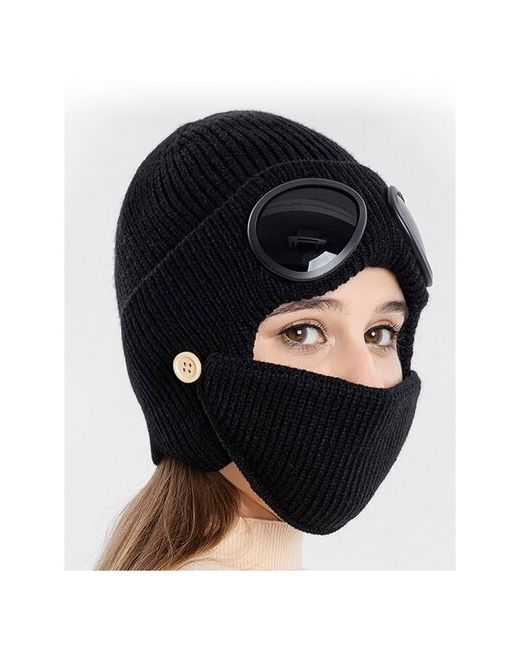 нет бренда Непродуваемая шапка-шлем с очками черная на подкладе со съемной маской