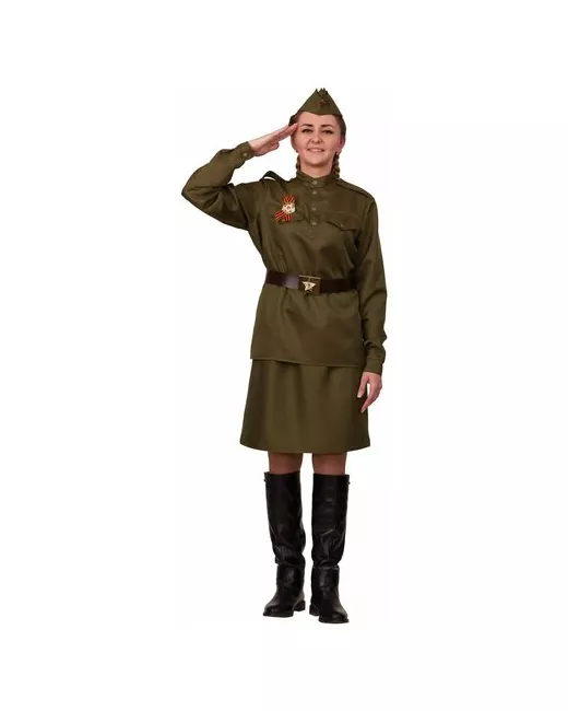 Батик Карнавальный костюм Солдатка гимнастёрка юбка ремень пилотка р. 48