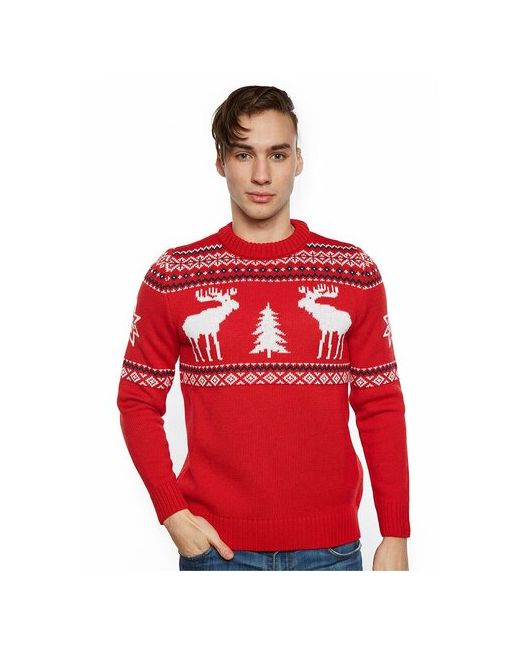 AnyMalls Шерстяной свитер классический скандинавский орнамент с Лосями и елками натуральная шерсть красный синий размер XL
