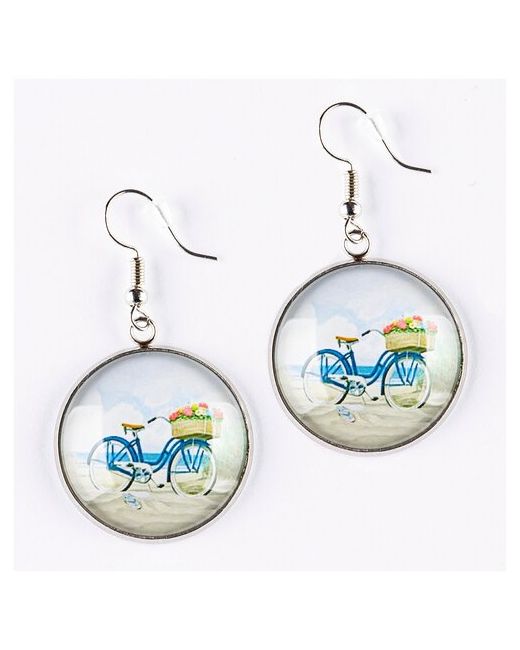 Darifly Серьги подвески Велосипед с корзиной цветов у моря серебристые со стеклянной вставкой в прозрачной коробке атласным бантом