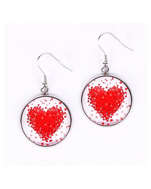Darifly Серьги подвески Красное сердце из маленьких сердечек серебристые со стеклянной вставкой в прозрачной коробке с атласным бантом